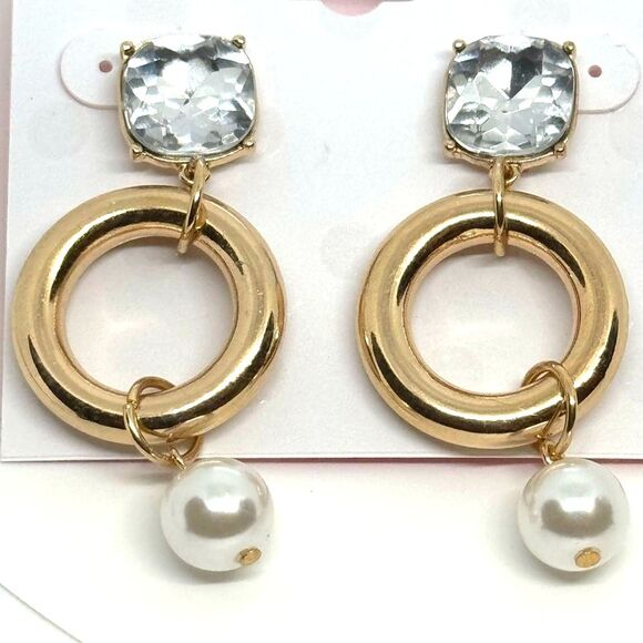 ISAAC MIZRAHI Gold Tone Crystal & Faux Pearl Dangling Post Earrings 2in approx - Picture 6 of 11